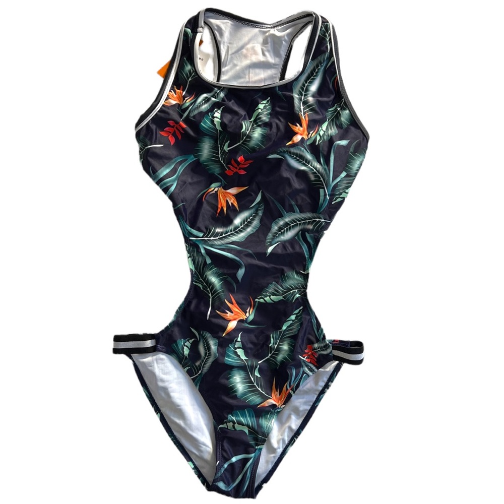 Aonihua One Piece Swimsuit Large Navy Blue Tropical Cut Out NEW